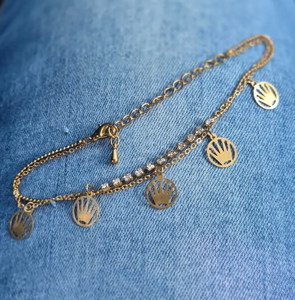 Gold Charm Layered Rhinestone Bracelet Five‎ Point Crown Charms Rolex Style